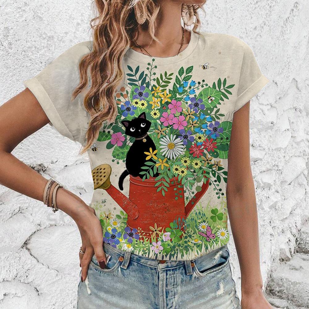 Women's Short Sleeved  Fashion Leisure Cats Lovely Pattern Print T-Shirt Elegant Oversized Summer