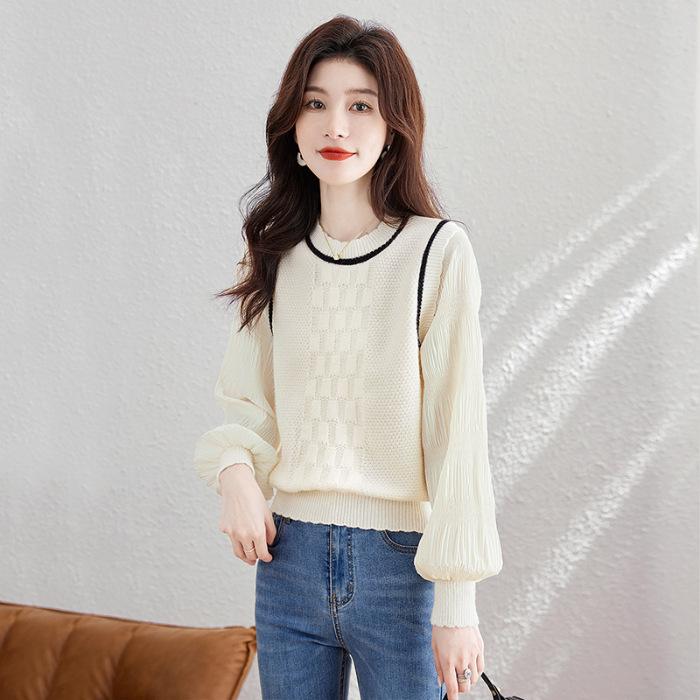 French Retro College Style Long-Sleeve Round Neck Spliced Two-Piece Shirt for Women
