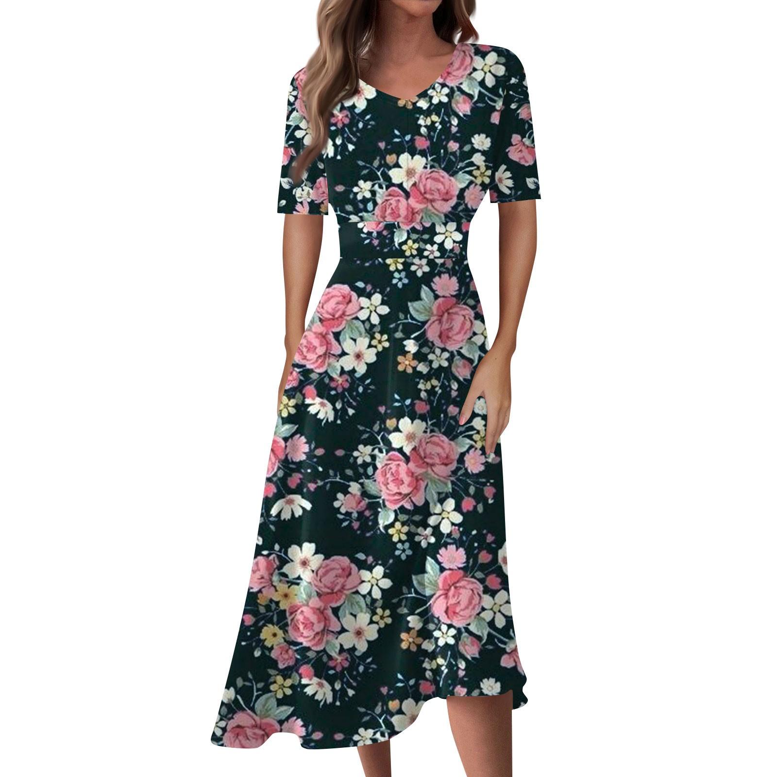 

Женское повседневное модное длинное свободное платье с v-образным вырезом и коротким рукавом на талии XL тёмно-синий