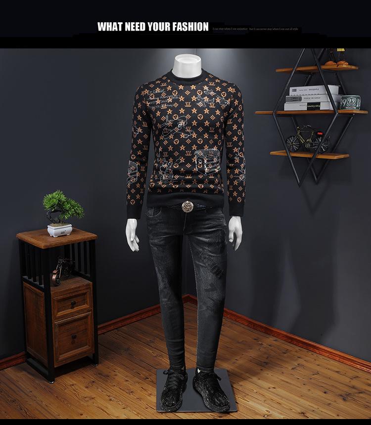 Męski zimowy europejski sweter z żakardowej wełny 2024 - Modny dzianinowy z okrągłym dekoltem, codzienna odzież