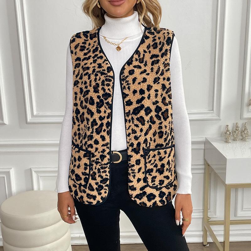 

YYFS Women s Fashion Casual Fall Winter Leopard Print Sleeveless V-Neck Sweaters XL
