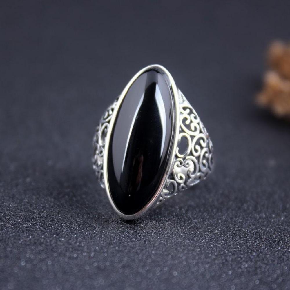 JMXD-Chinese Style Artificial Black Agate Ring, Hollow Opening, High-end Personalized Index Finger Ring