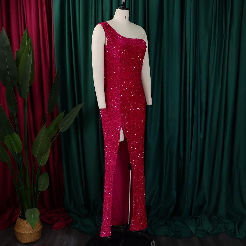 Damen Mode Ein Schulter Pailletten Schlitz Lang Sexy Formelles Partykleid