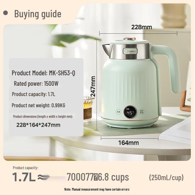 

Midea 1.7L Electric Kettle with Multi-Stage Temperature Control & Keep Warm, Double Layer Insulation, Stainless Steel - MK-SH53-Q.