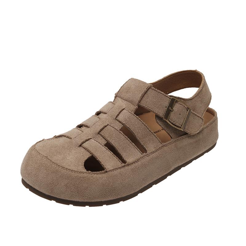 

Baotou half-tray sandals women s spring 2025 new fashionable breathable versatile cow anti-velvet hollow flat-bottomed cool slippers 35 хаки