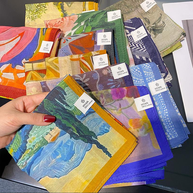 30% Silk 70% Cotton Scarf Women Square Neck Shawls Wraps for Ladies Foulard Scarves Pashmina Female Hijab Bandana Bufanda 70cm