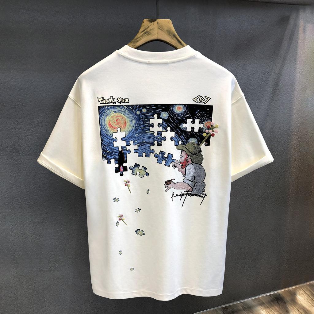 Summer Night Starry Sky Print Graphic Print T-shirt Retro Texture High-end Fashion Brand Men's New Summer Couple Wear