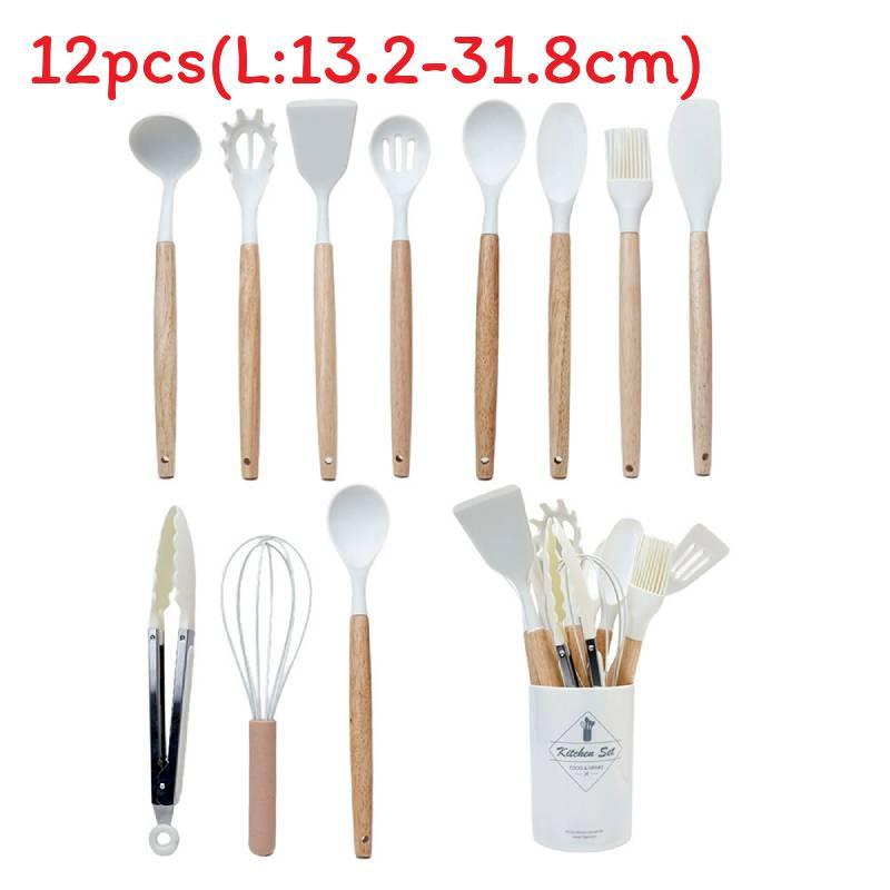 Silicone Kitchen Utensil Set With Wooden Handles For Nonstick Cookware And Heat Resistance