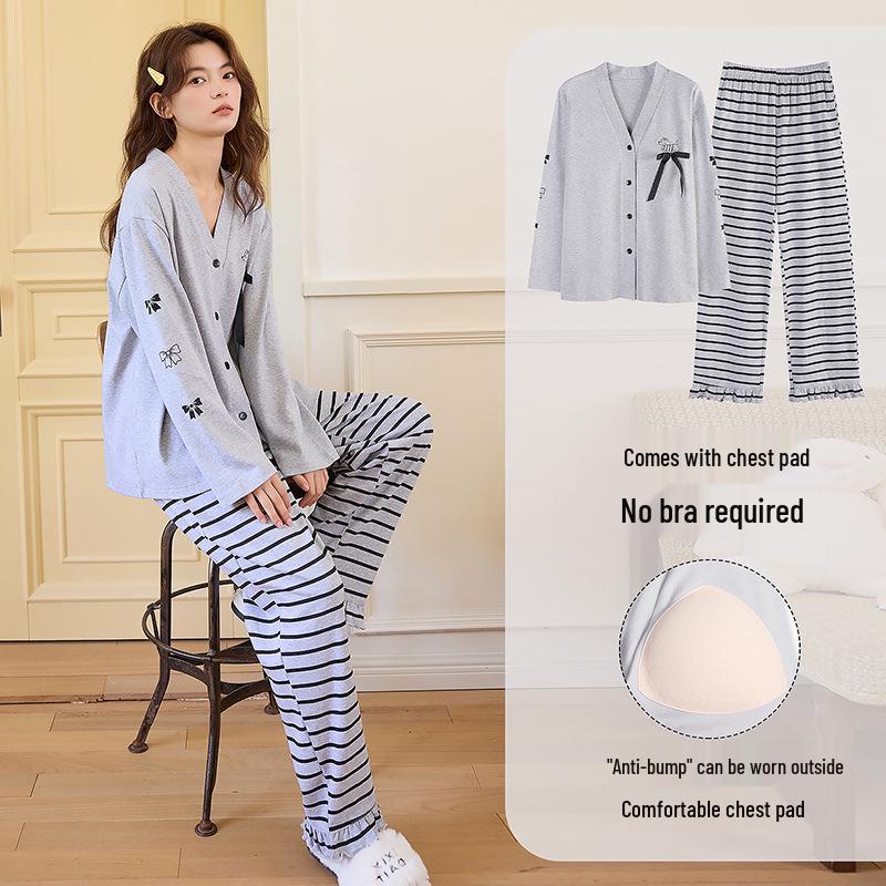 

Женский весенне-осенний хлопковый пижамный комплект с длинным рукавом - Корейский стиль, мультяшный, больших размеров, можно носить вне дома Medium