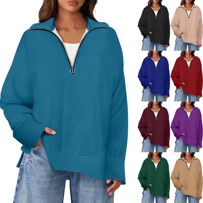 Damen Casual Half Zipper Revers Einfarbig Pullover Tops Seitenschlitze Mode Kleidung
