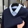 Men's 2025 Winter Shirt: Thick Two-Piece Knitwear with Warm Inner Layer, Solid Color, Mid-Aged & Young Adult Style