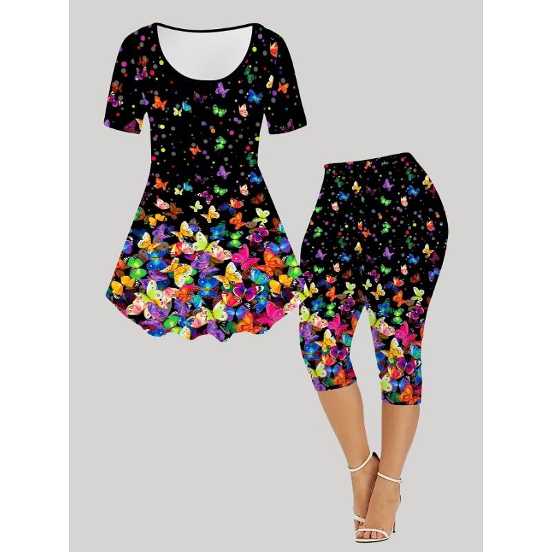 Women s colorful butterfly fluttering printed fashionable short-sleeved cropped pants suit 2XL