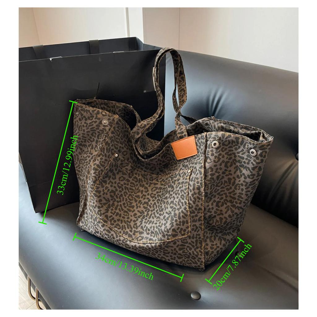 Fashion Large Capacity Handbag Leopard Pattern Tote School Work Shopping Bag Retro Canvas Shoulder Bag