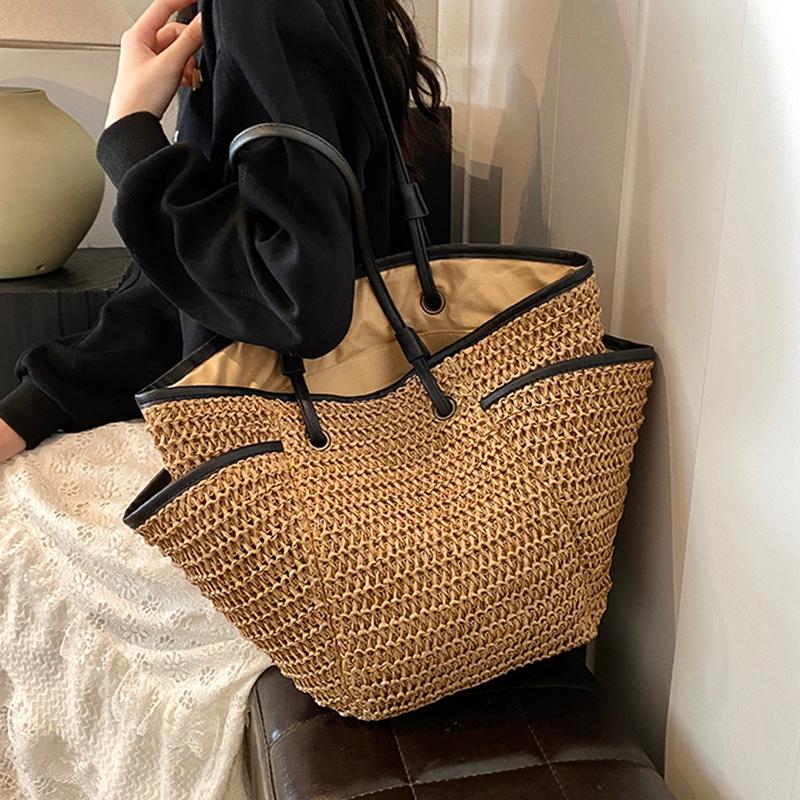 Multi Pockets Summer Beach Straw Shoulder Bag For Women Mesh Durable Travel Handbag Large Capacity Hollow Out Bucket Tote Bag
