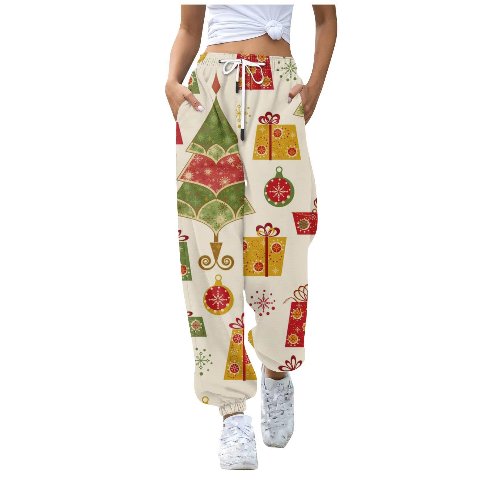 

Женские повседневные брюки для отдыха с рождественским принтом, спортивные брюки, брюки с эластичной резинкой на талии, брюки с завязками на шнурке XL бежевый