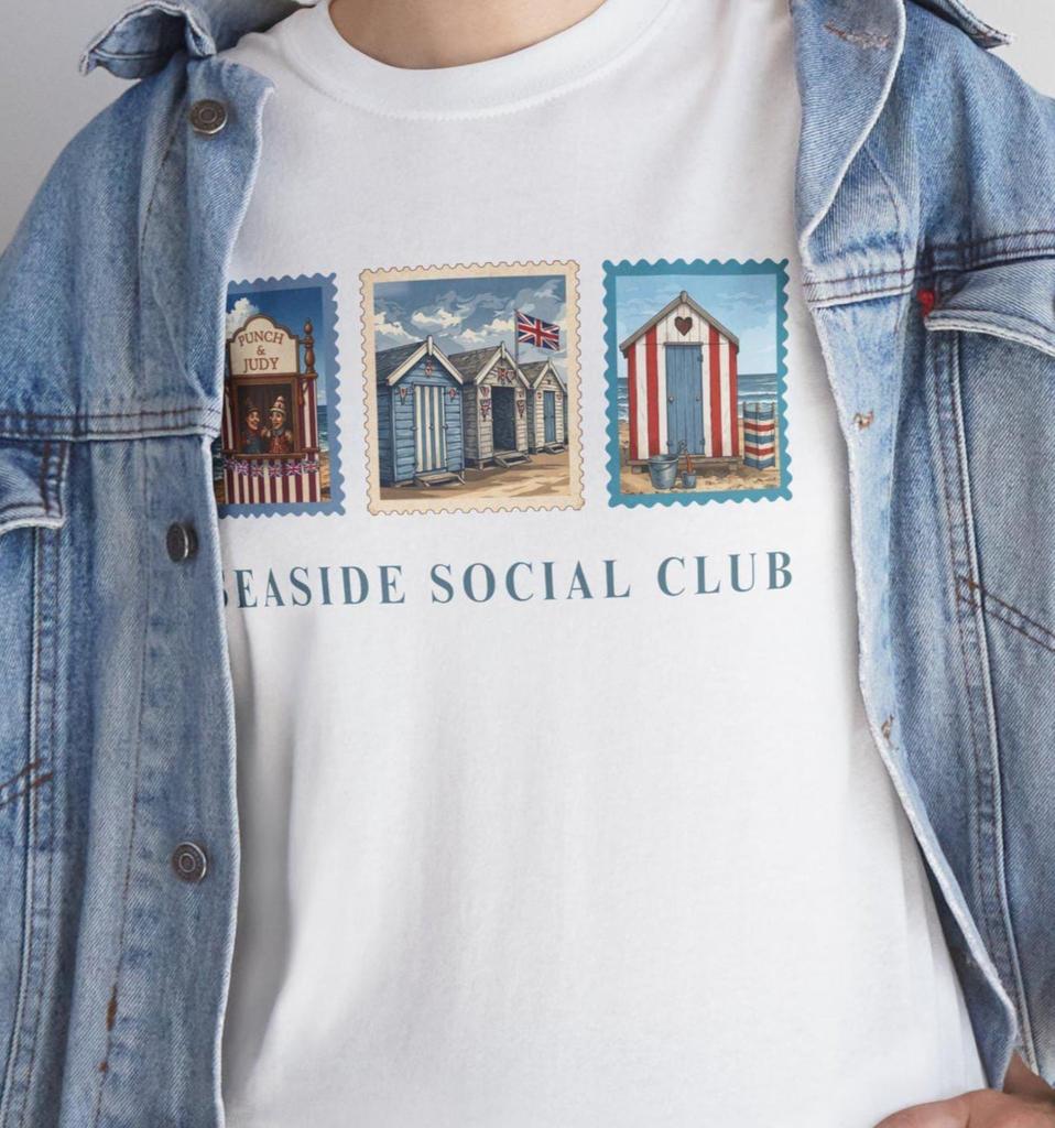 Seaside Social Club Vintage British Beach Hut T Shirt and kids tshirt
