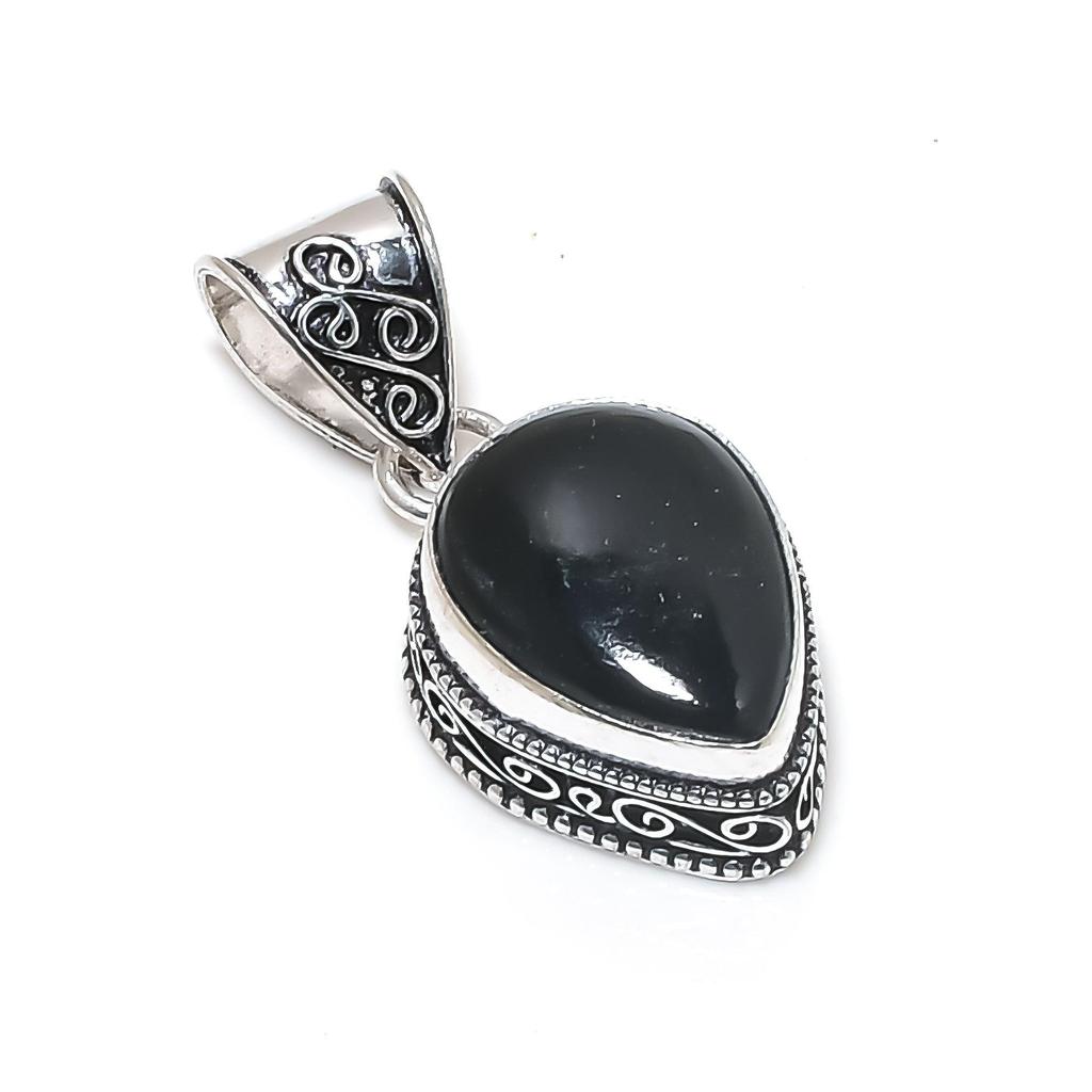 Natural Black Onyx Gemstone Silver Pendant in 925 Sterling Silver - Handmade Pear Design, Everyday Wear Jewelry Father Day  Gift