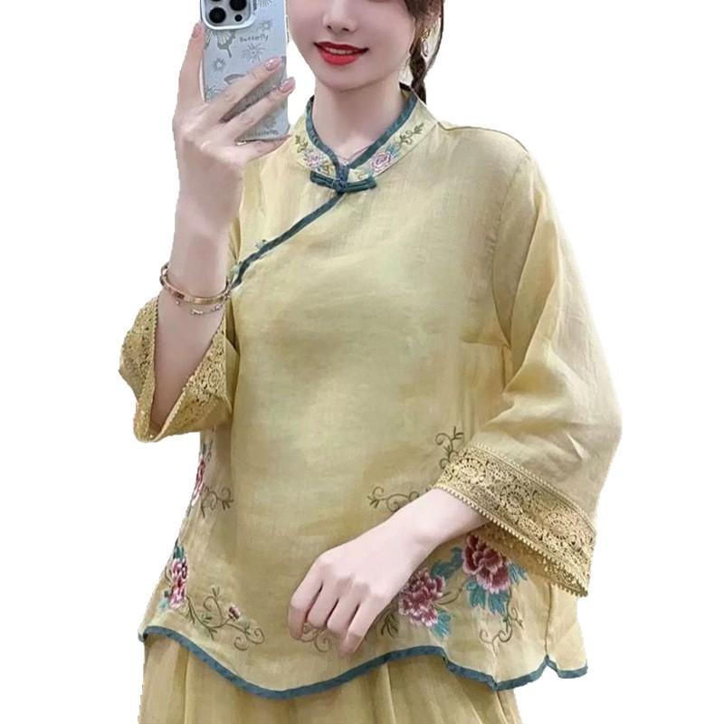 Sommer neues mittelärmeliges Baumwoll- und Leinen-Kurzarm-Oberteil im nationalen Stil mit Stickerei, schräger Knopfleiste und ethnischer Schnalle