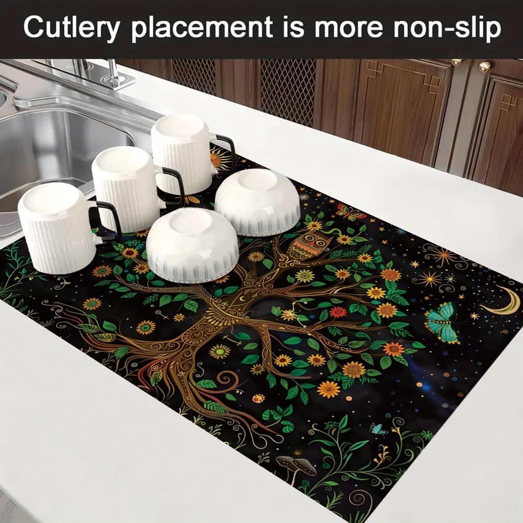 Celtic Life Tree Owl Stove Cover, Sun Moon Floral Print Non-slip Heatproof Washable Mat for Home Gas & Electric Stove Decoration