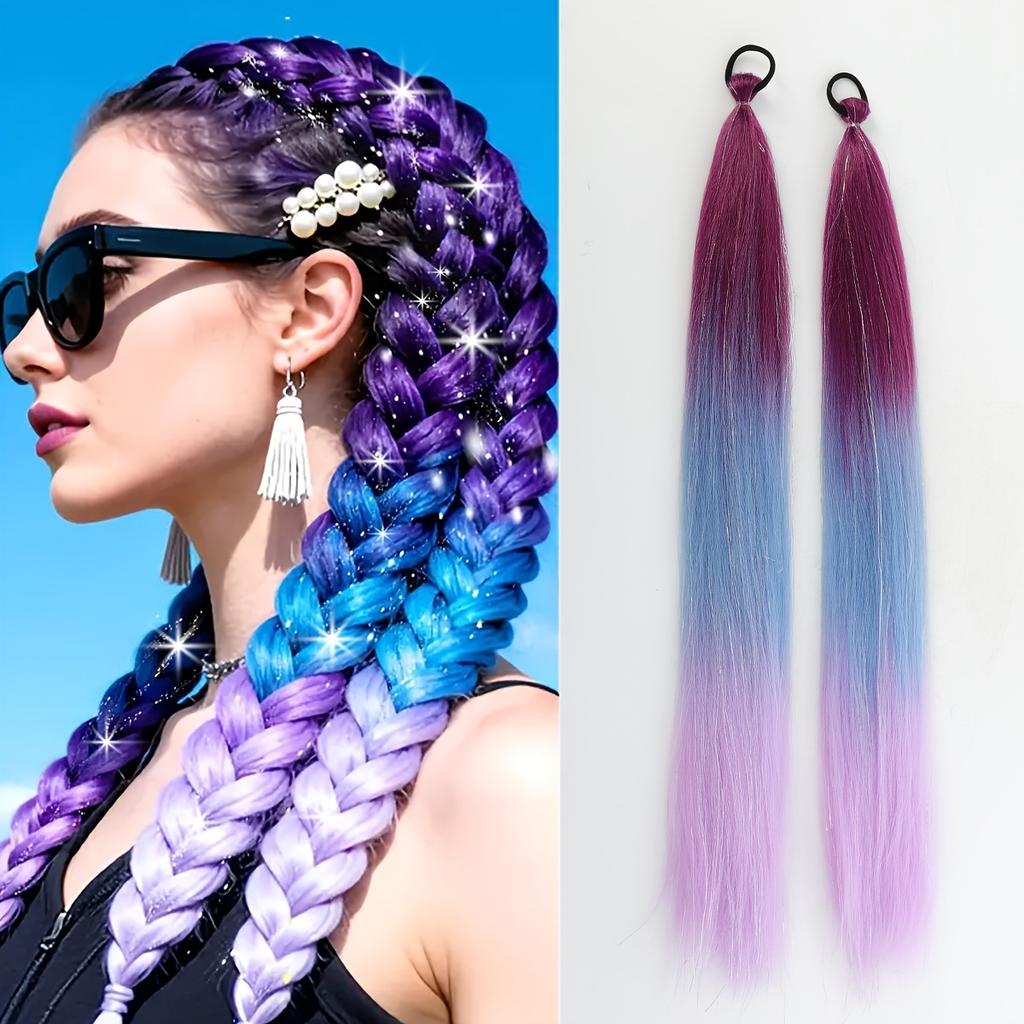 Synthetische Regenbogen Lametta Zöpfe Haarverlängerungen 26 Zoll Doppelte Pferdeschwänze Mädchen DIY Rave Party Ausgefallene Haaraccessoires