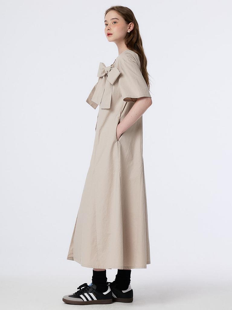 THE STUDIO K Ribbon Point Gored Skirt Shirt Dress (Beige)