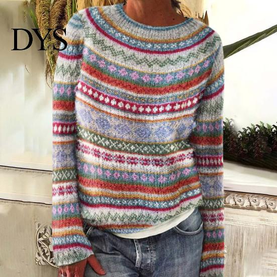 Graphic Print Top Women Sweater Round Neck Long Sleeve Pullover Jumper Loose Fit Thick Warm Knitwear Daily Wear Slim Casual