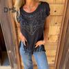 Women T-shirt Round Neck Short Sleeve Tee Shirt with Hot Rhinestones Printing Tassel Hem Solid Color Pullover Tops Daily Wear