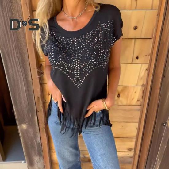 Women T-shirt Round Neck Short Sleeve Tee Shirt with Hot Rhinestones Printing Tassel Hem Solid Color Pullover Tops Daily Wear