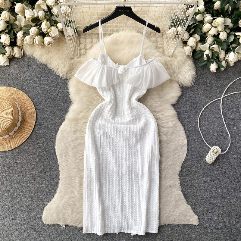 

Socialite Style Fancy Banquet Birthday Banquet Party Dress Women s off-Shoulder Spaghetti Straps Ruffles Waist Dress White L