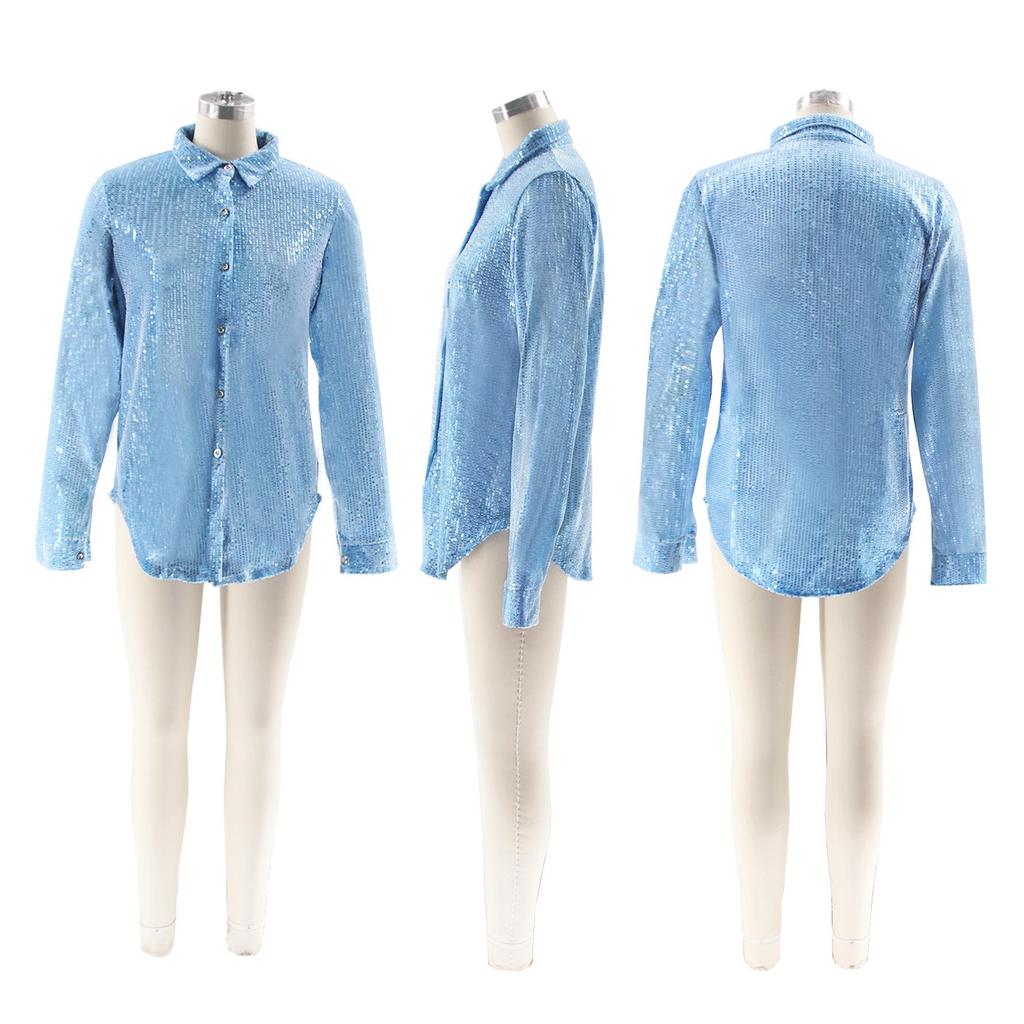 Autumn/Winter Versatile Suede Lapel Shirt with Sequins and Beads