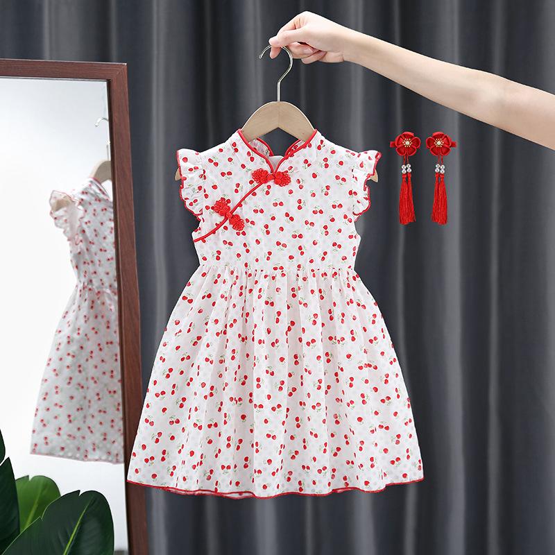 Girls Summer Hanfu Qipao Dress Kids Chinese Princess Dress Baby Short Sleeve Elegant Dress For Children 90cm