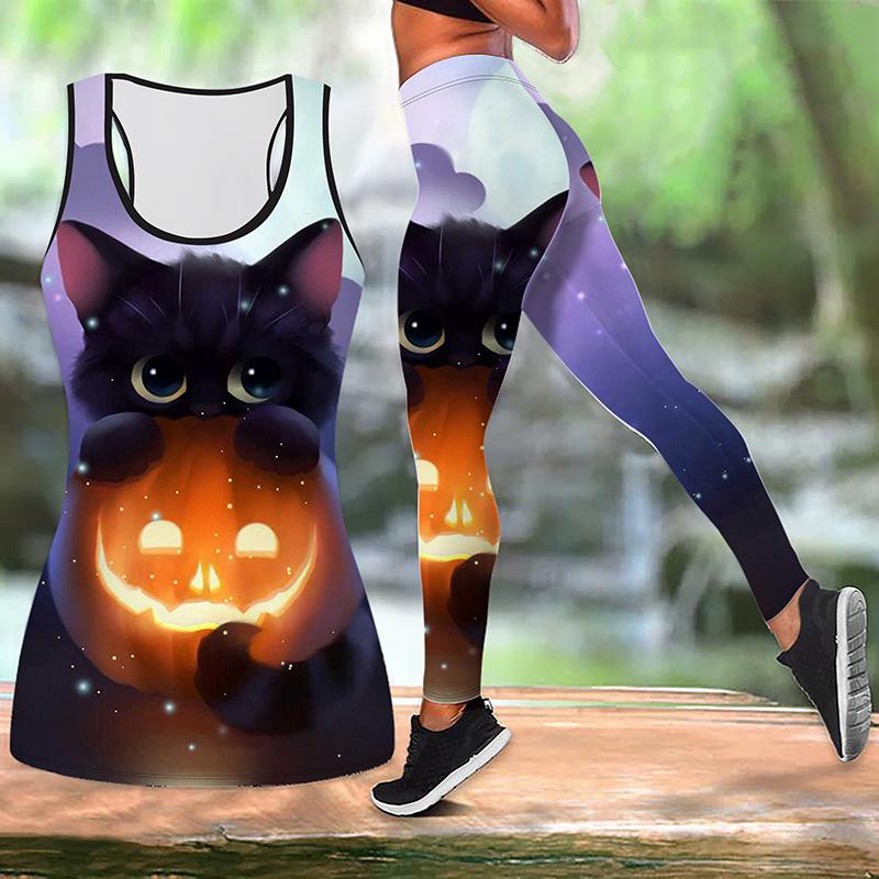 Black Cat Print Yoga Outfit for Women Fashion Workout Leggings Fitness Sports Casual Yoga Pants