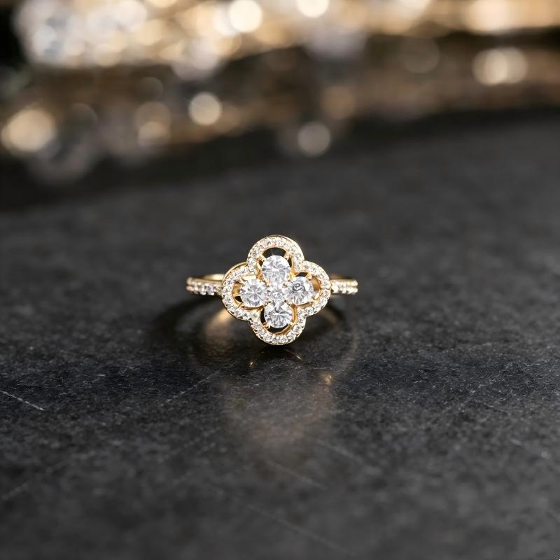 Elegant Double Layer Hollow Diamond Four-Leaf Clover Flower Open Ring for Women's Index Finger