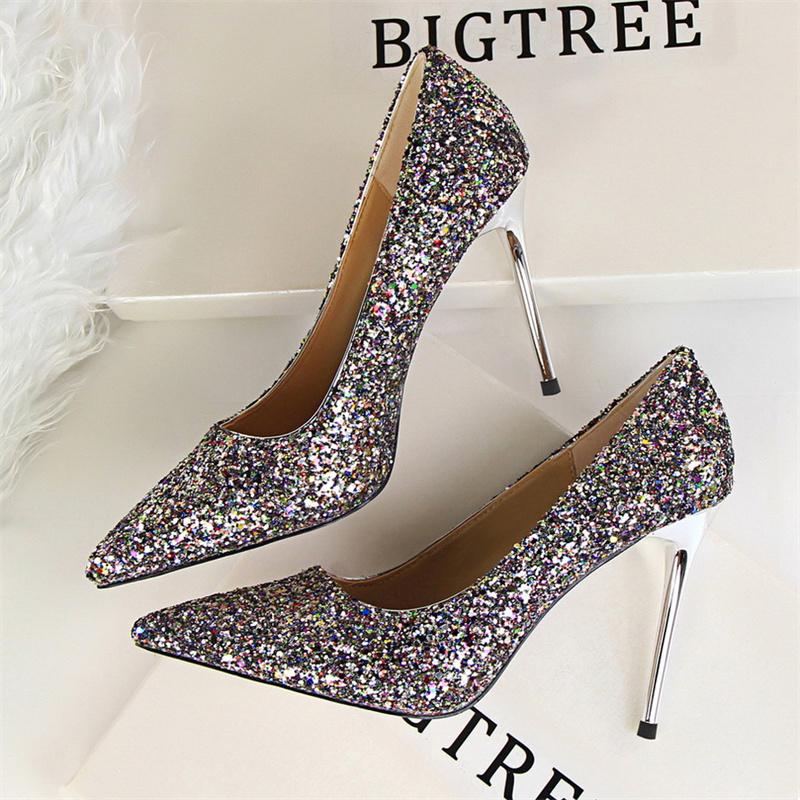  Women Fashion Pointed Toe Thin High Heels Sequins Glitter Luxury Designer Pumps Wedding Bridal Gold Valentine  Shoes