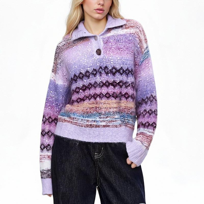Wind lapel gradual change sweater women's autumn and winter new Fair Island jacquard bright silk design loose knitted sweater