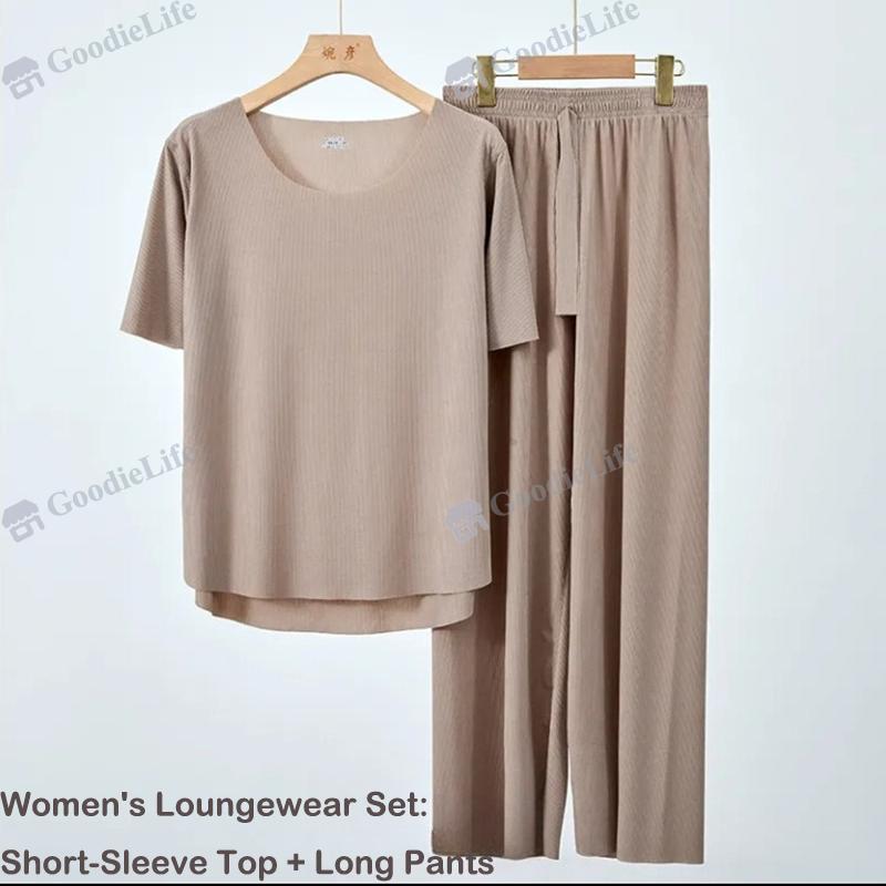 Couple Ice Silk Pajamas Set Summer Women Round Neck Short Sleeve Long Pants Men Shorts Seamless Homewear