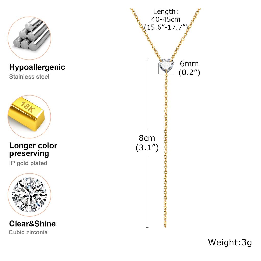 Lange Halskette für Damen mit Zirkon-Quaste in Herzform, Flache Edelstahl-Kreuzkette, Verstellbare Quasten-Mode-Pulloverkette