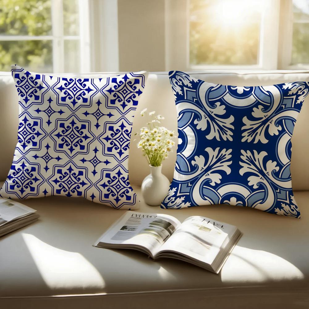 Fashion Blue Tiles Luxury Icon Cushion Cover Pillowcase Antidustmite Invisible Zipper Short Plush Sofa Cushion