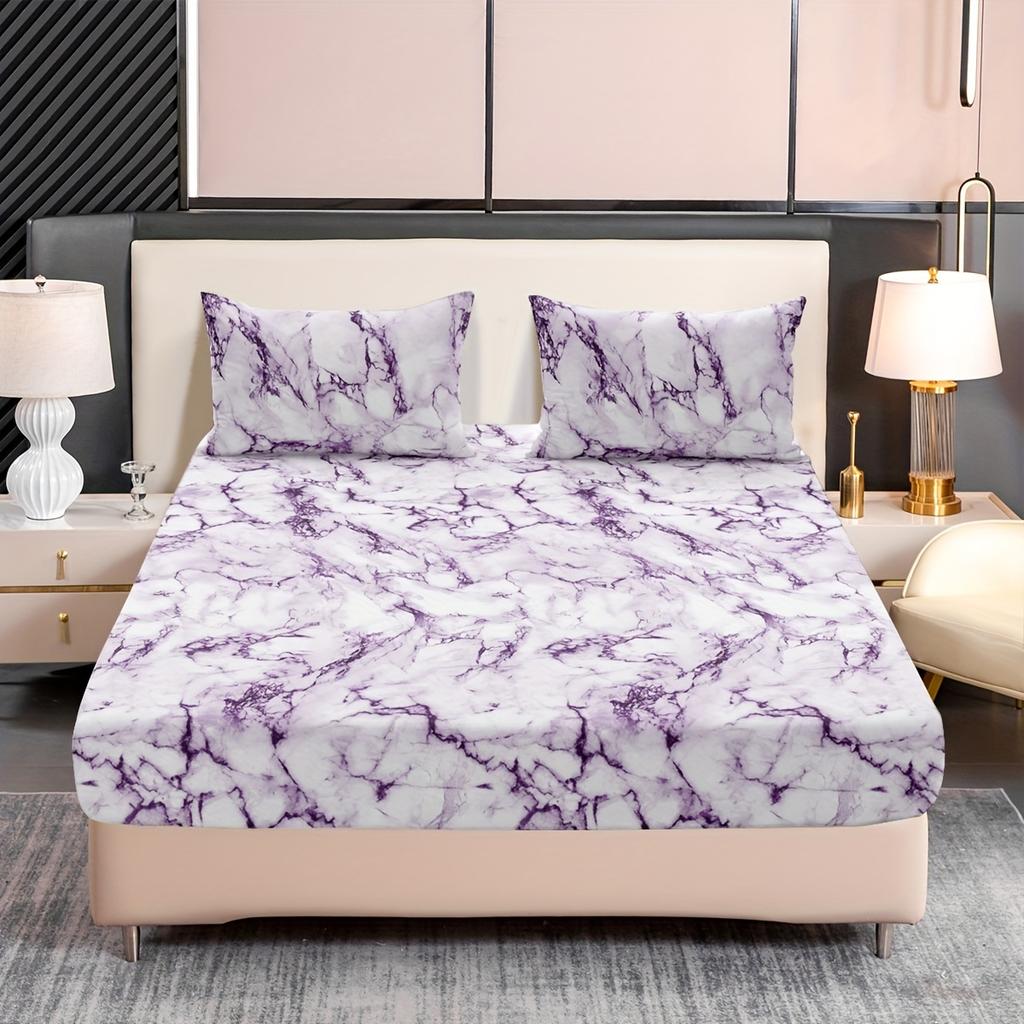 3-Piece Marble Print Fitted Sheet Set - Ultra Soft Breathable Microfiber Fabric Hypoallergenic Wrinkle-Resistant Easy Care -