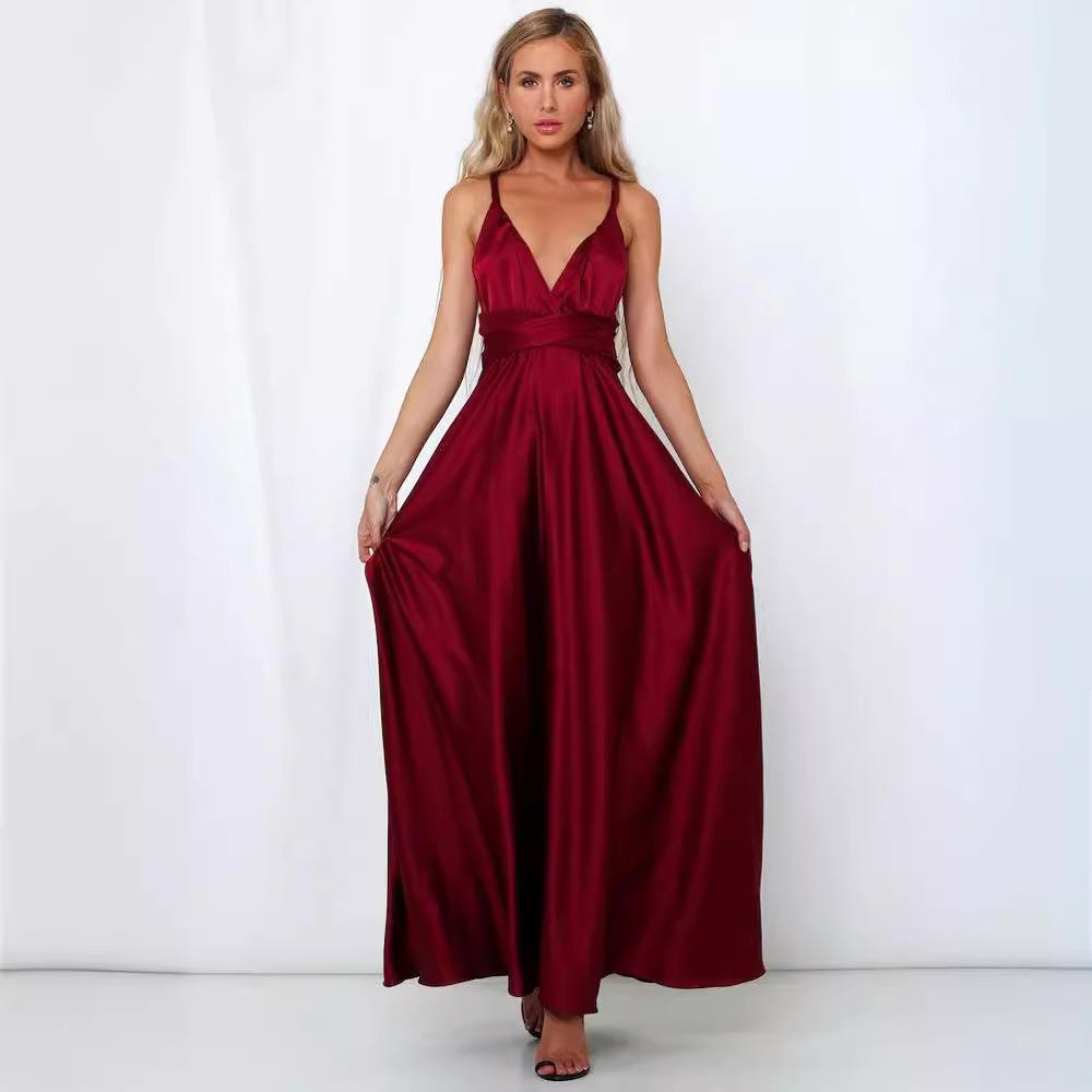 Women Summer Strap V Neck Backless Bandage Satin Solid Color Big Hem One Piece Dress