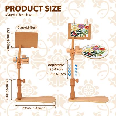 Embroidery Hoop Stand Adjustable Beech Wood Cross Stitch Stand Rotated Embroidery Frame Stand Desktop Embroidery Frame for Art