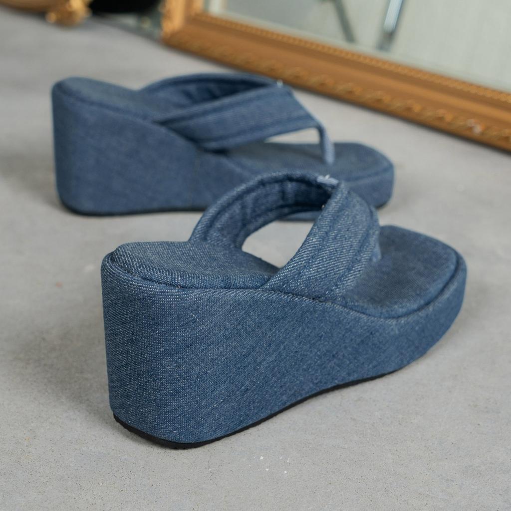 Casual Slippers Womens Shoes Denim Flip Flops Wedge Heel Women'S Summer New Thick Soled High Heeled Platform Zapatos De Mujer