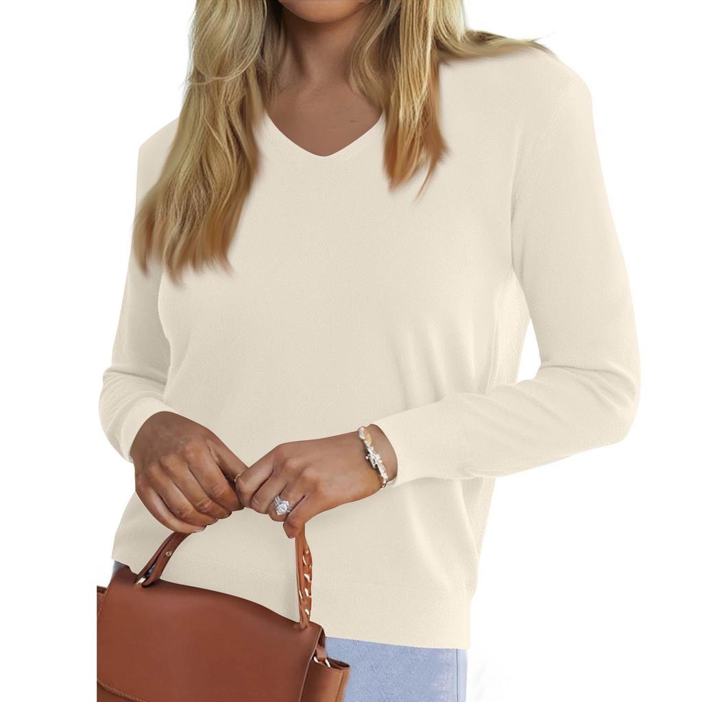 Women's Fashionable Casual V Neck Solid Color Long Sleeve Top