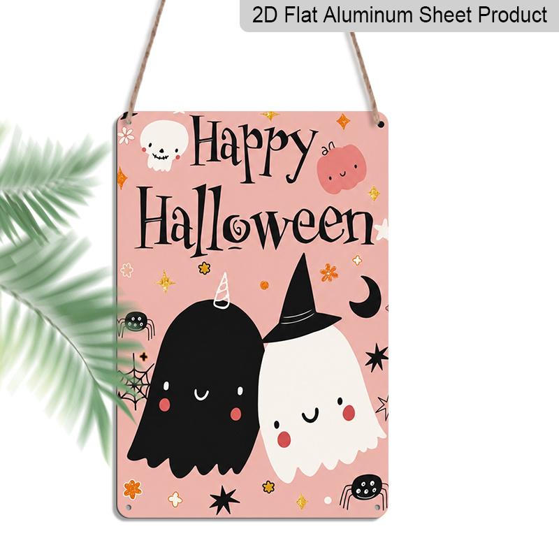 2D Flat Cute Pink Happy Halloween Ghost Metal Sign - 8.0x12.0inch Aluminum Wall Art, Soft Pastel Halloween Decor for Home, Porch - Easy Install with