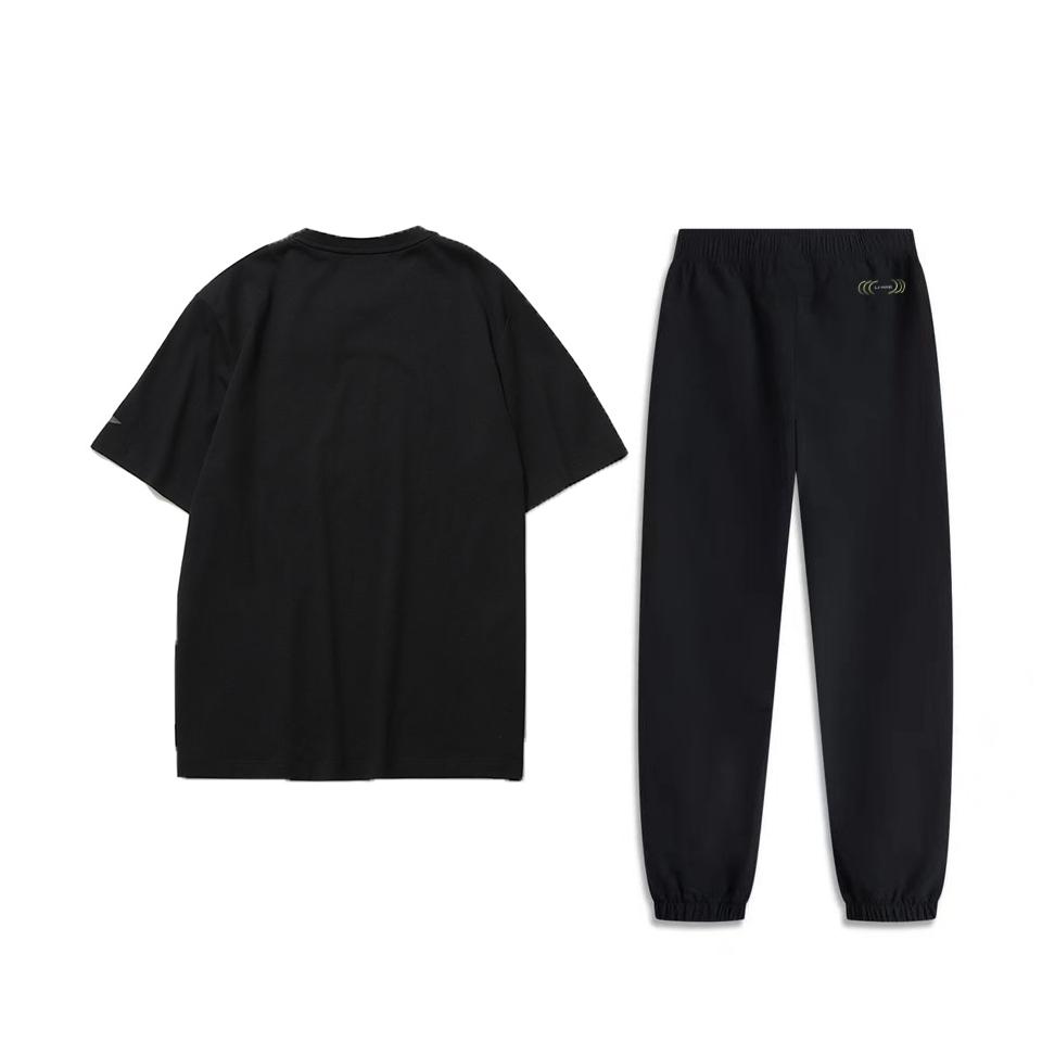 Li-Ning Loose Versatile Letter T-Shirt Simple Solid Color Comfortable Long Pants Casual Sports Suit Men Suit Black AHSUA05-2+AYKT415-1