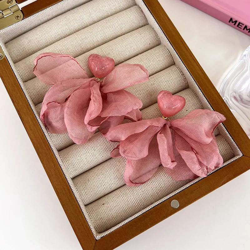 Pink Yarn Cloth Flower Resin Dangle Earrings for Women Big Statement Hanging Earrings Daily Fashion Jewelry