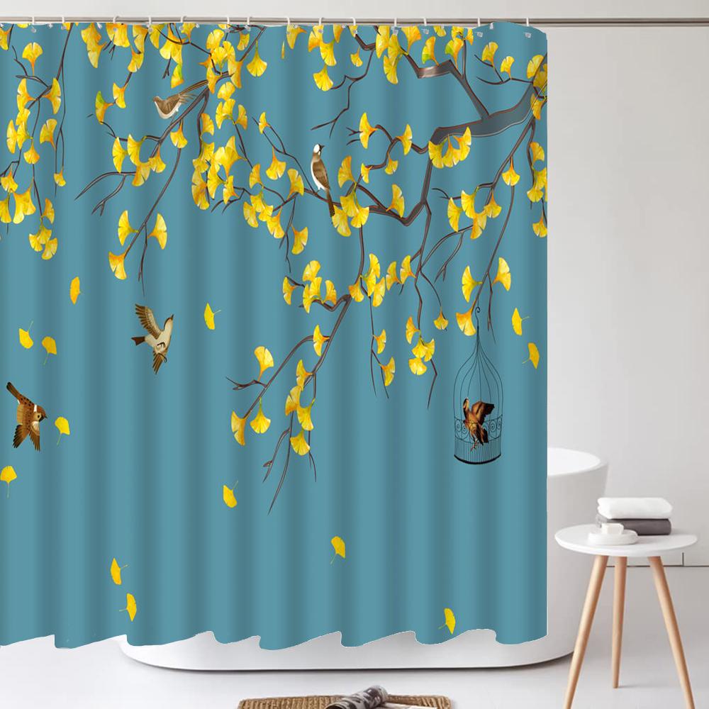 Chinese Flower Bird Shower Curtains Set Printing Waterproof Polyester Leaves Shower Curtains Bathroom Home Decor Mat 180X200Cm