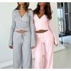 Solid Fleece Laced Long Sleeve Top High Waist Straight Casual Two Piece Set For Women