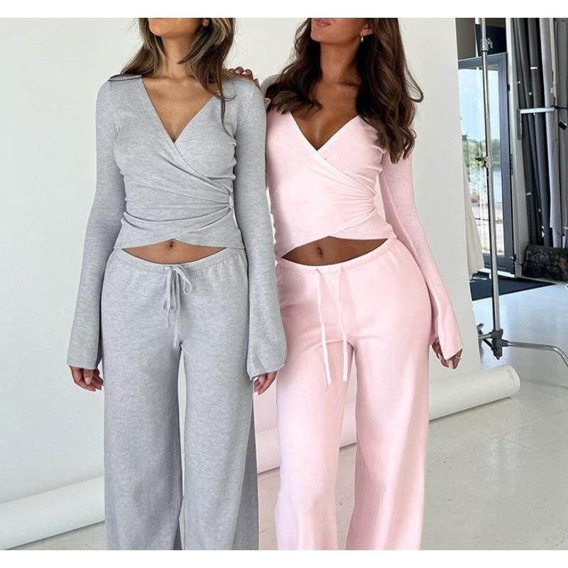 Solid Fleece Laced Long Sleeve Top High Waist Straight Casual Two Piece Set For Women