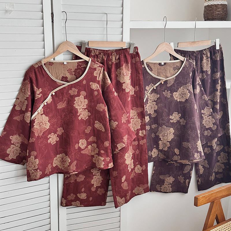 Women's Retro Chinese-Style Cotton Pajama Set: Long-Sleeve, Double-Layered Gauze, Oblique Lapel (Spring/Autumn)